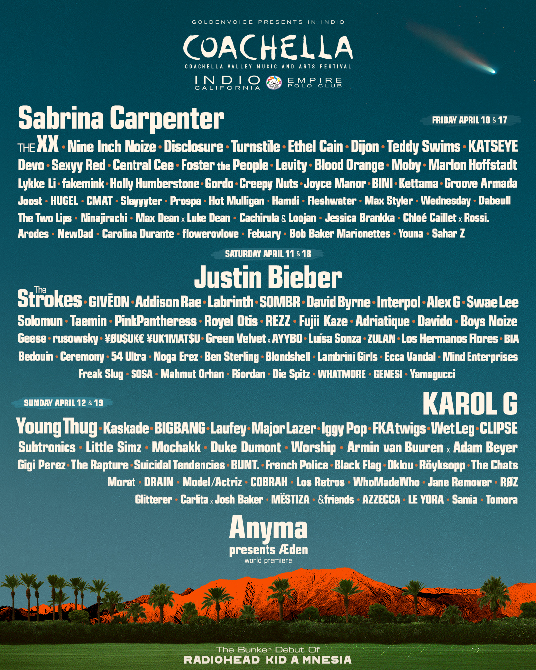 Coachella 2026 lineup poster Justin Bieber Sabrina Carpenter Karol G