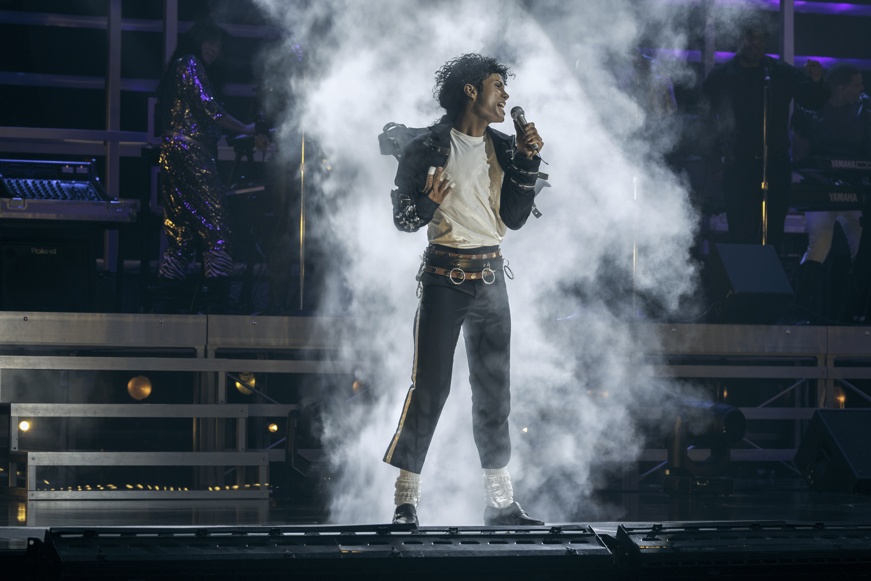 Jaafar Jackson performing as Michael Jackson on stage in the Bad tour scene from the film Michael
